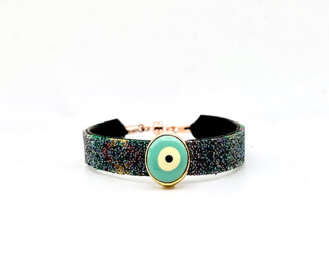 Bangle Cotton Stripe Multi Jewel Tone Paradise with Aqua Evil Eye Charm