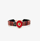 Bangle Cotton Stripe Red Gold with Magenta Evil Eye Charm