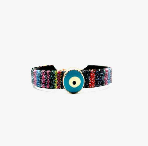 Bangle Cotton Multi Stripe with Clear Moonlight & Turquoise Evil Eye Charm