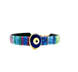 Bangle Cotton Stripe Teal Clear Moonlight with Royal Blue Evil Eye Charm