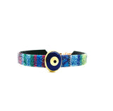 Bangle Cotton Stripe Teal Clear Moonlight with Royal Blue Evil Eye Charm
